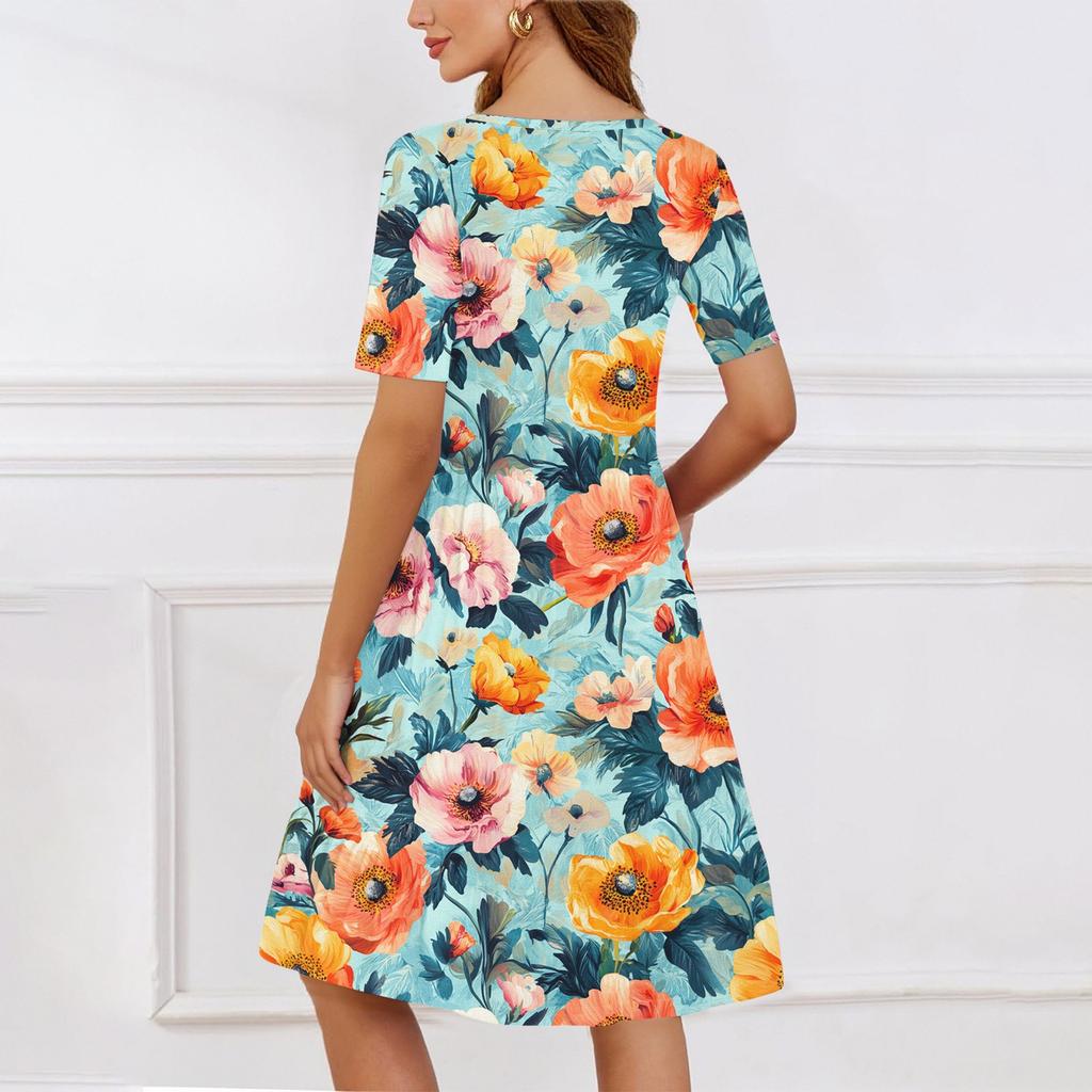 Damen Casual Rundhals Kurzarmkleid Lockeres Taillenplisseekleid Taillenplisseekleid