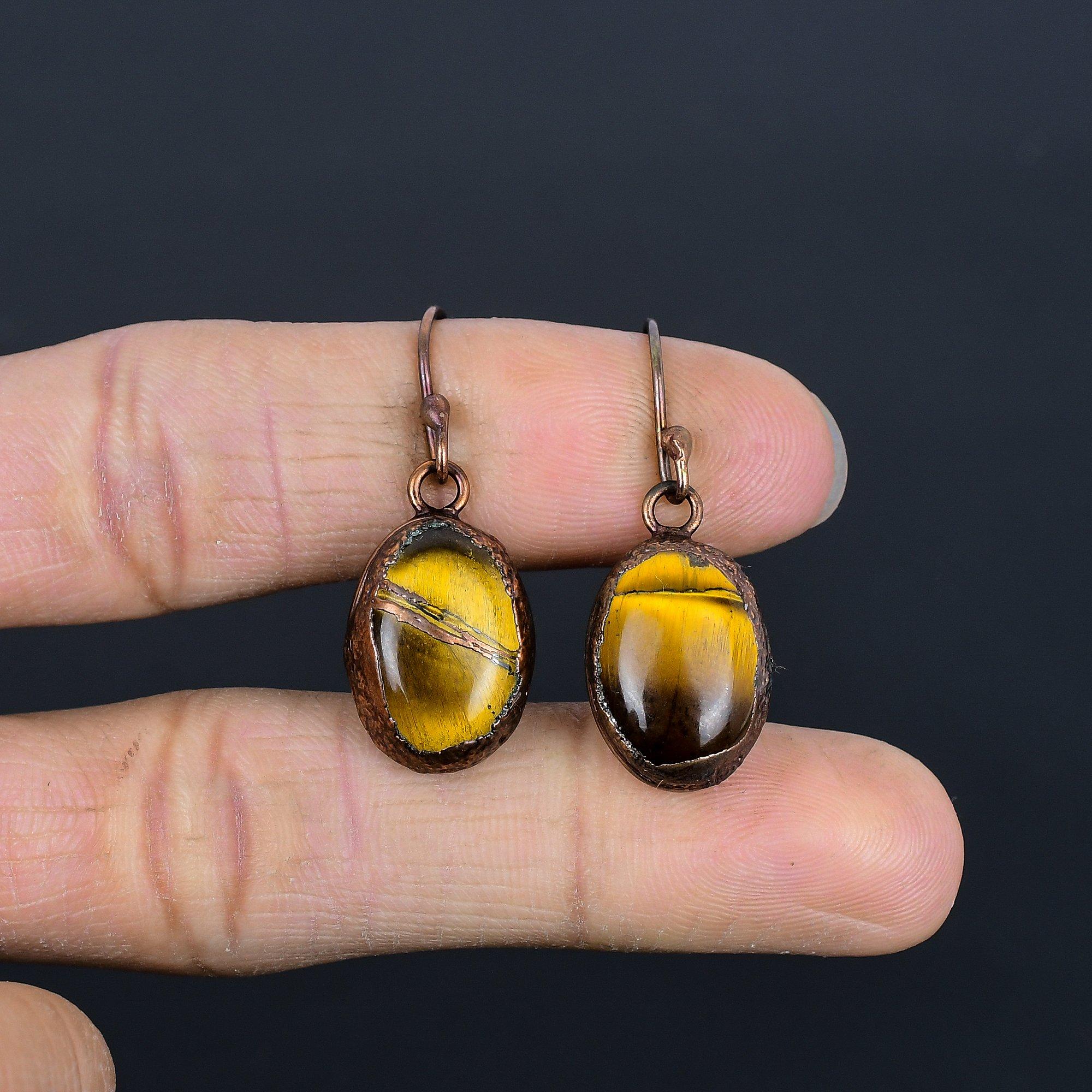 

Tiger s Eye Copper Electroformed Earrings, Handmade Gemstone Earrings, Gift For Mom Antique Jewelry 2.55 Inches