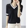 Summer Women's Color Block Knit Top V Neck Short Sleeve Casual Blouse