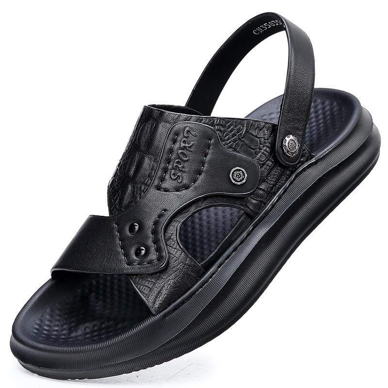 Mens Genuine Leather Slide Sandals Breathable Anti-Slip Outdoor Beach Shoes With Rear Strap