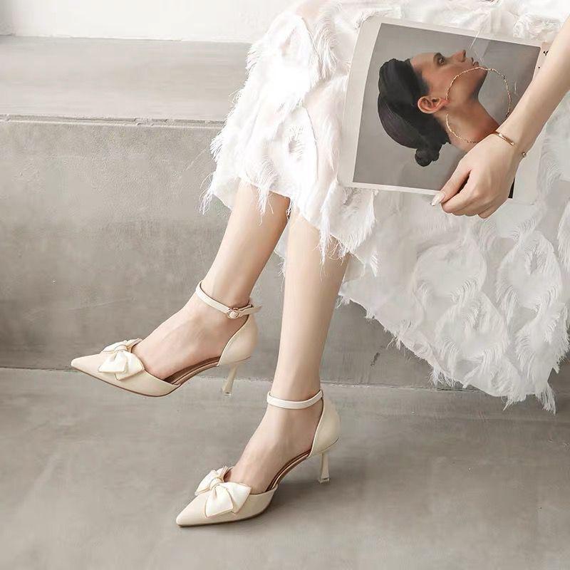 Celebrity Temperament High Heels Stiletto Sweet Bow Bag Head Sandals Women's 2025 New Pointed Bridesmaid Shoes Summer