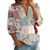 Women Vintage Floral Print Patchwork Henley Button Neck Three Quarter Sleeve Cotton Linen Shirt Casual Loose Fit Blouse