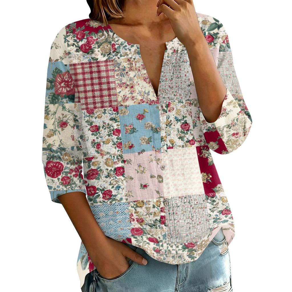 Women Vintage Floral Print Patchwork Henley Button Neck Three Quarter Sleeve Cotton Linen Shirt Casual Loose Fit Blouse