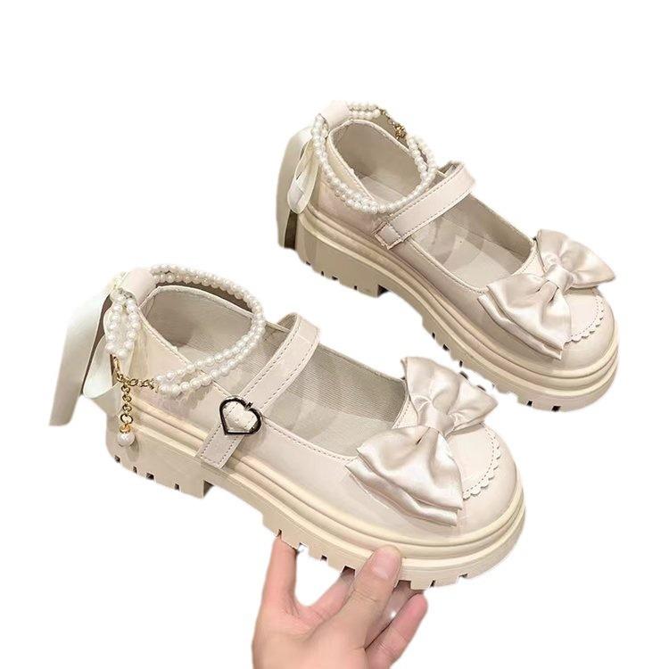 Fashion “Lolita - Style” Patent - Leather Mary Janes, Bow & Pearl - Decorated Chunky Heels, Perfect for Daily & JK Outfits