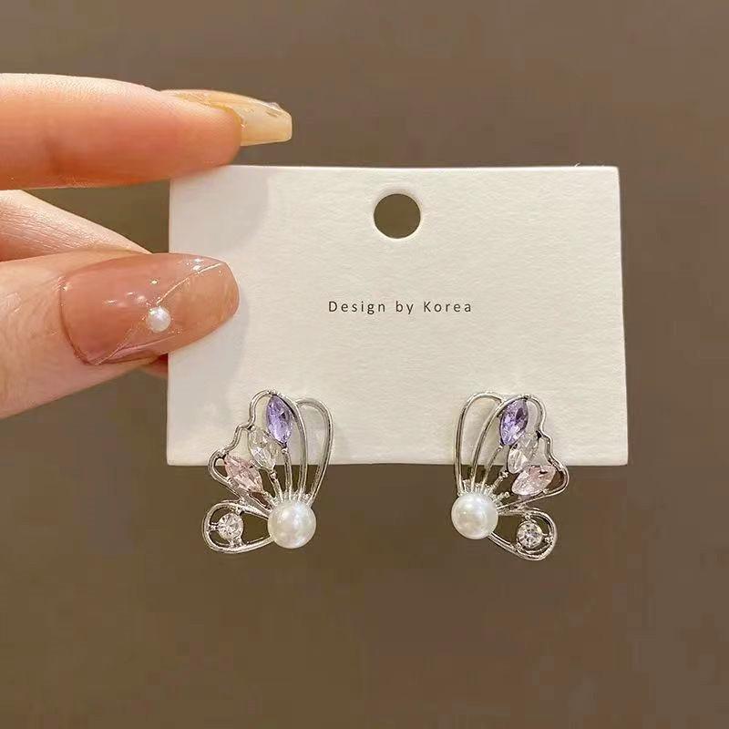 s925 Silver Freshwater Pearl Butterfly Stud Earrings with Zirconia – Elegant Hollow Design, 2023