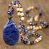 European Ethnic Blue Veined Stone Water Drop Pendant Necklace for Women - Hand-Knotted Natural Stone Sweater Chain Jewelry