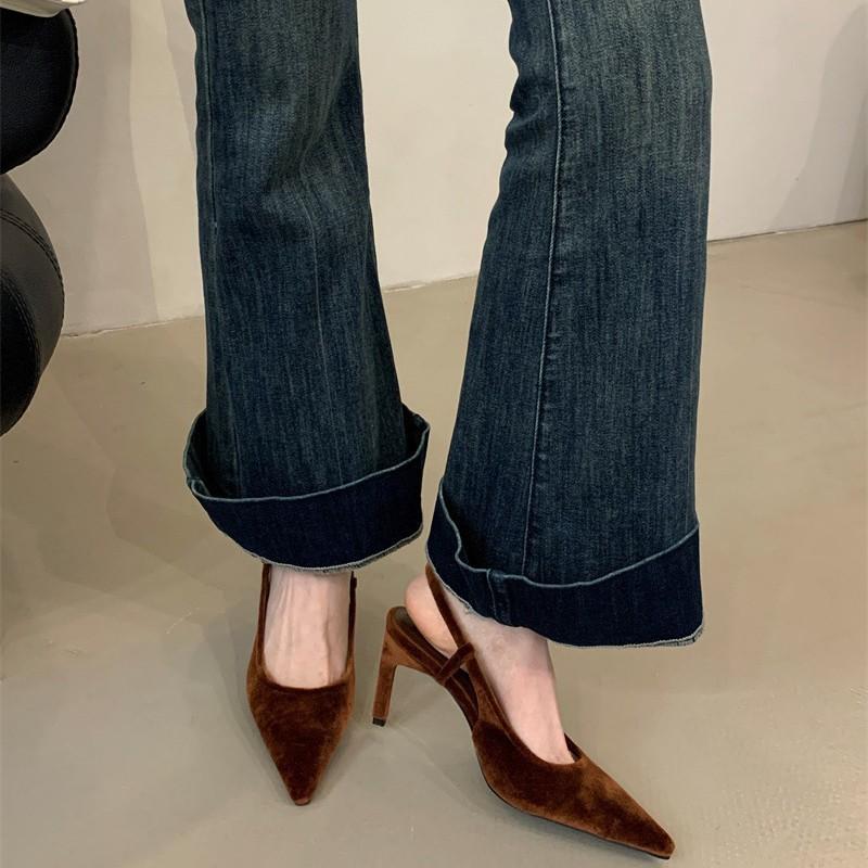 

Xiaohongshu popular new ZRA women s dew heel high heels velvet thin heel high sense empty shoes 40 коричневый