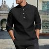 Men's Casual  3/4-Sleeve Shirt - Stand Collar Loose-Fit Breathable Solid Color With Pocket