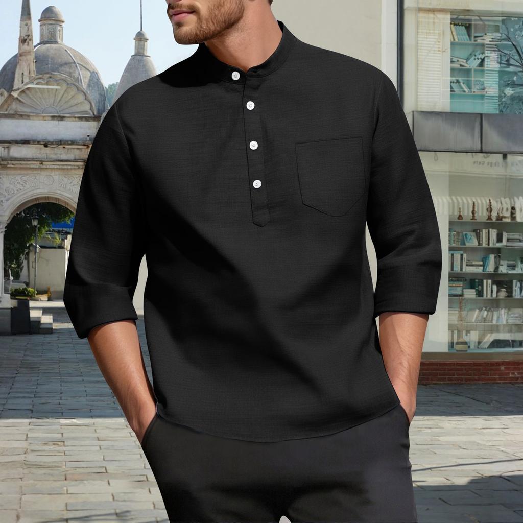 Men's Casual  3/4-Sleeve Shirt - Stand Collar Loose-Fit Breathable Solid Color With Pocket