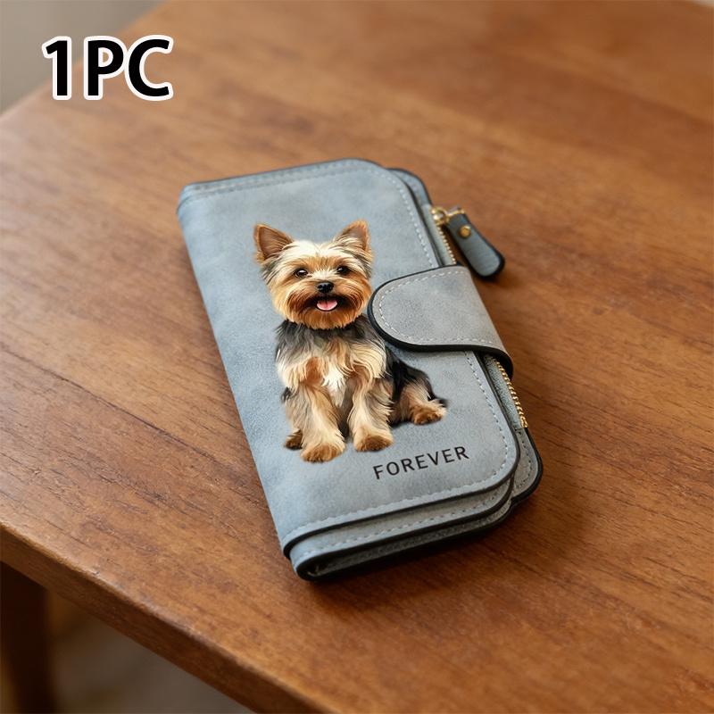Women's PU Leather Long Wallet with Dog Print, Snap Button Closure, Multiple Pockets