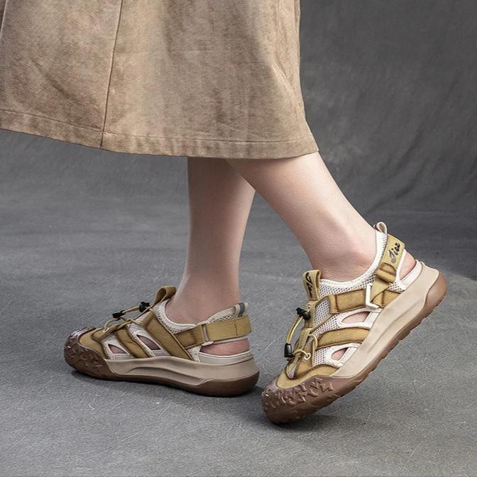 Johnature Retro Runde Zehen Atmungsaktive Mesh Sport-Sandalen Echtes Leder Leichte Damen Schuhe