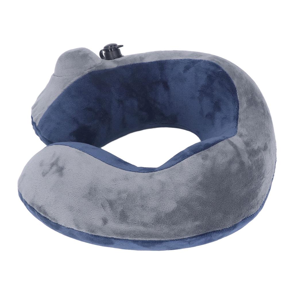 Self Inflatable Travel Pillow U Shaped Portable Neck Chain Support for Sleeping Napping Dark Blue with Gray