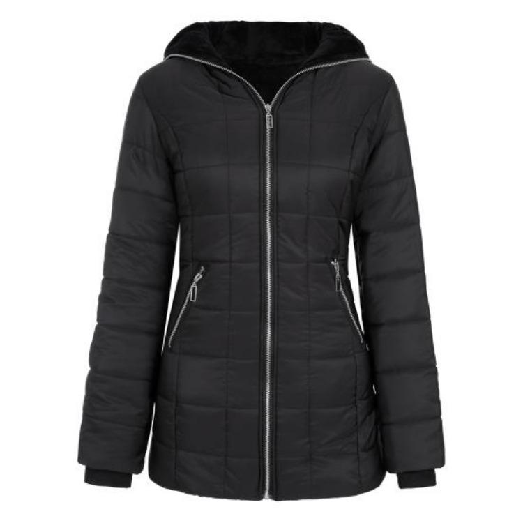 Winter Women Hooded Padded Down Jacket Mid Length Cotton Coat Plush Lined Windproof Zip Up Long Sleeve with Elastic Cuffs Outdoor