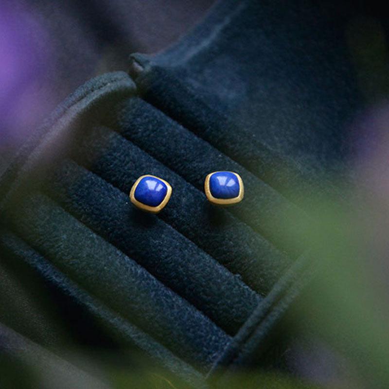 Gold-Plated Southern Red Blue Agate Stud Earrings, 925 Sterling Silver, Simple Design