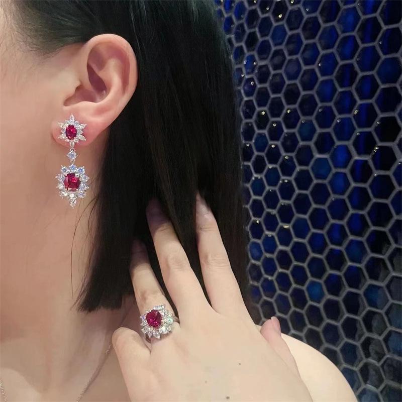 Luxurious Pigeon Blood Red Jewelry Set: Ring, Stud Earrings & Necklace Inspired by Internet Celebrity Style