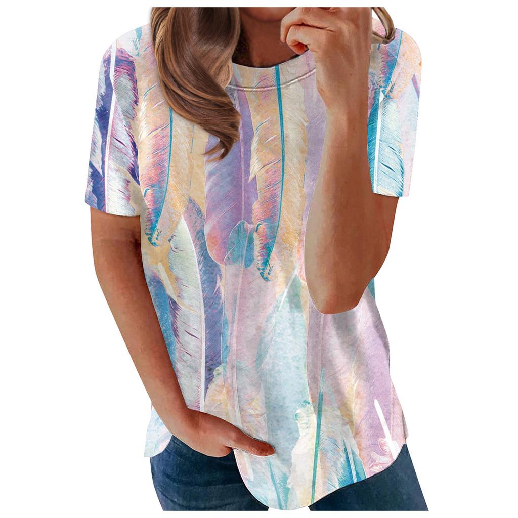 Women's Fashion Casual Loose Round Neck Feather Print Short Sleeve T-Shirt Top