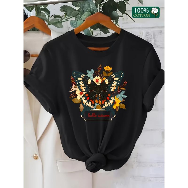 European Size Butterfly HELLO AUTUMN Home, Leisure, Fashion, Versatile, Commuting, S,  Versatile, Comfortable S Heavyweight Pure T-shirt