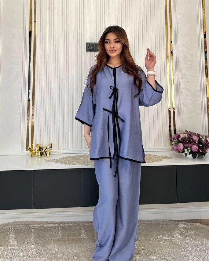 2025 Summer Women's Casual Fashion Set with Tie Design - Solid Color, European & American Style, Muslim-Friendly