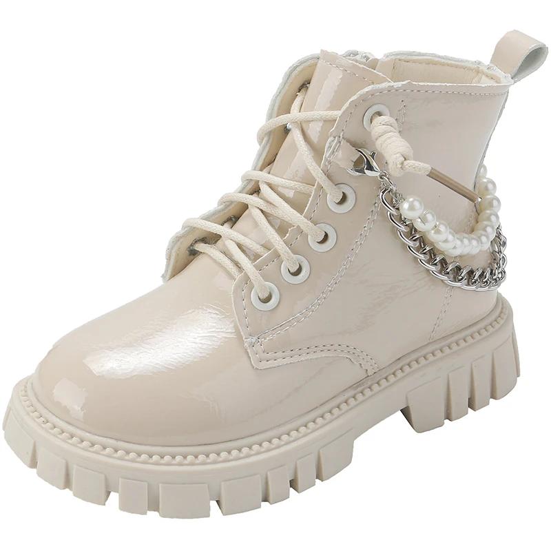 Kids Shoes Boots for Girl Classic Metal Chain Princess Fashion Boots Glossy PU Children Ankle Boots Round-toe Versatile Non-slip