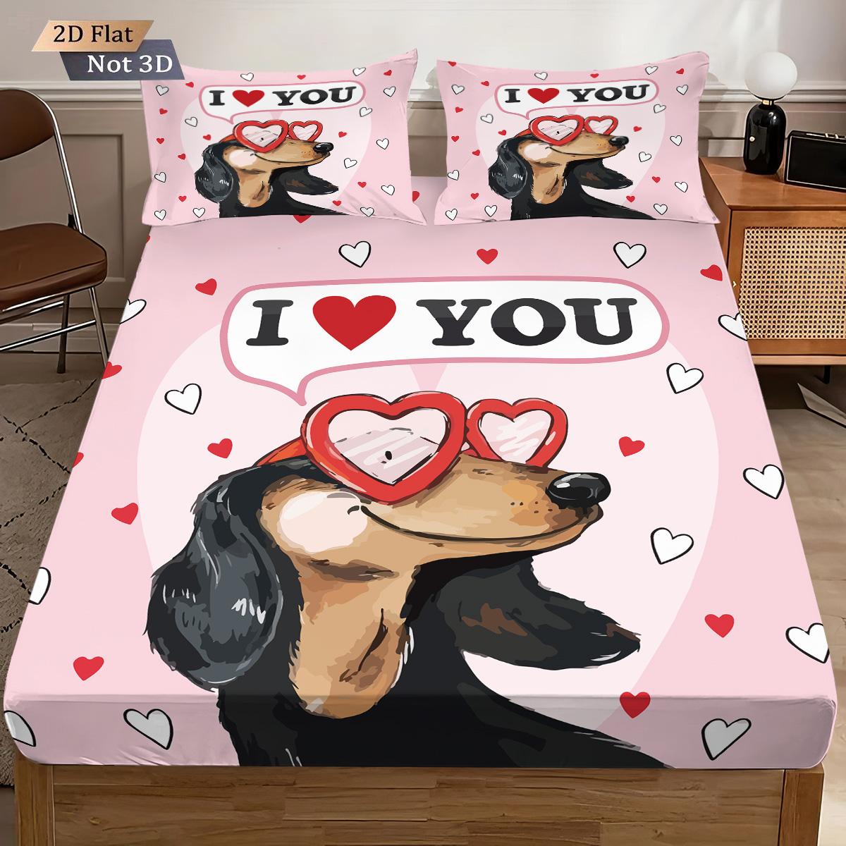 

3Pcs Valentine S Day Romantic Sausage Dog Pink Printed Chipless Bed Sheet Set Multi Size Bedroom Bed Cover Decoration 90x191