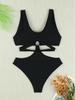 European and American Deep V Solid Color Hollow Out Sexy Women's Bikini Swimsuit