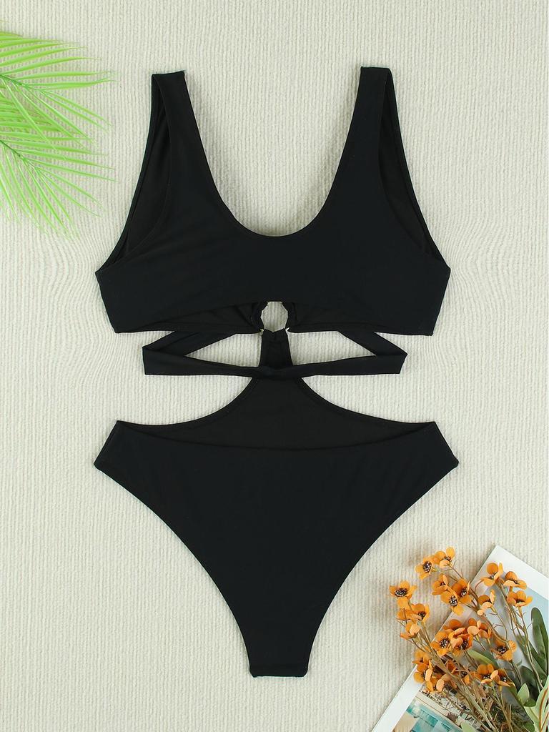 European and American Deep V Solid Color Hollow Out Sexy Women's Bikini Swimsuit