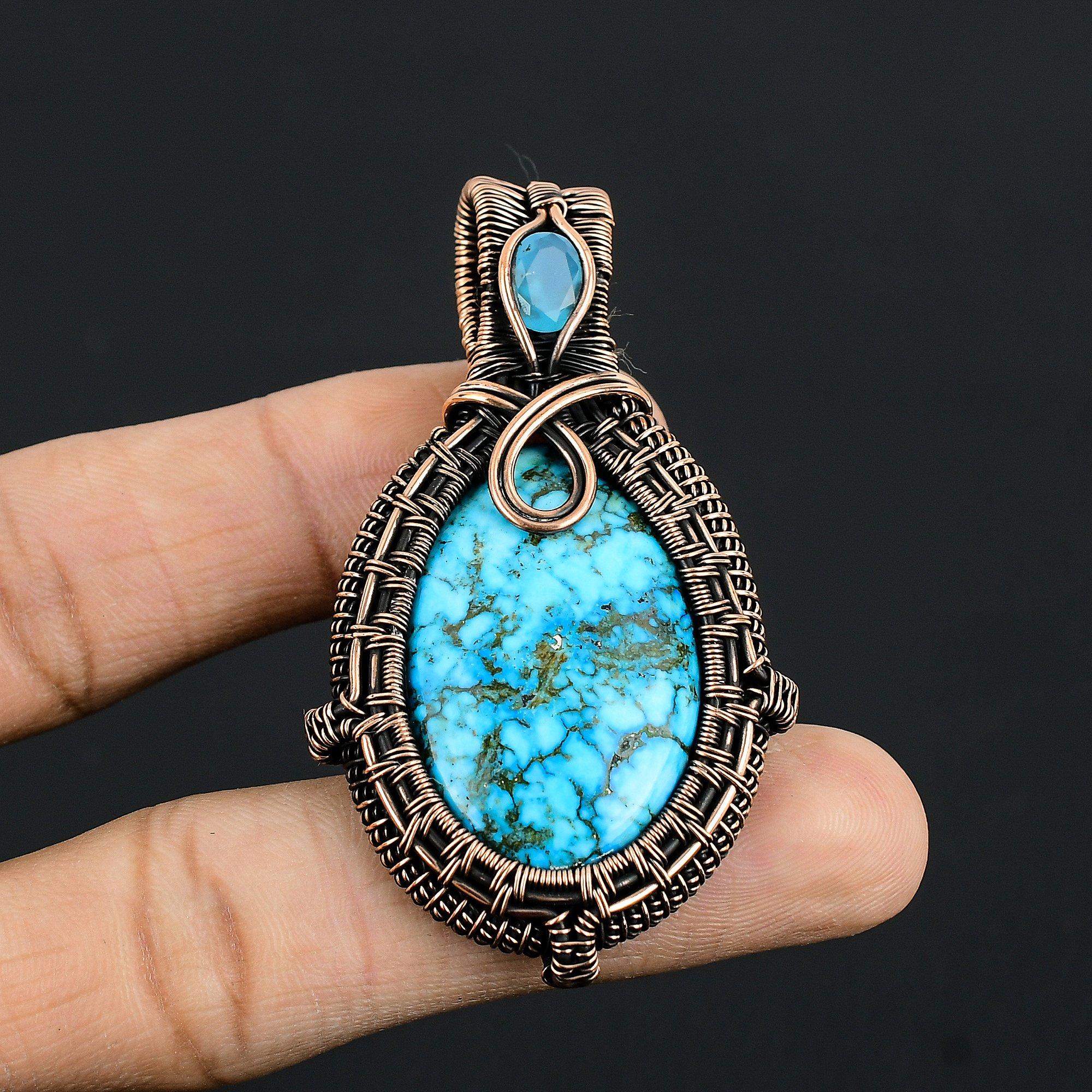 

Tibetan Turquoise Jewelry, 999 Copper Wire Wrapped Pendant Handmade Gemstone Jewelry, Gifts For Wedding Pendant 2.55 Inches