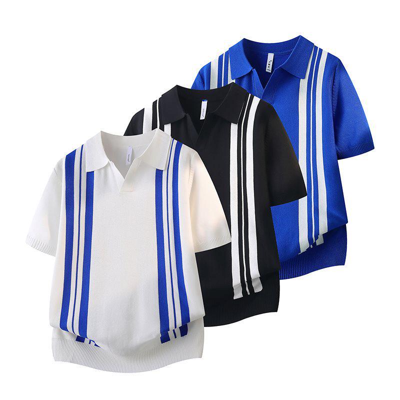 Men's Striped Patchwork Polo Collar Short Sleeve Knit Hoodie Top