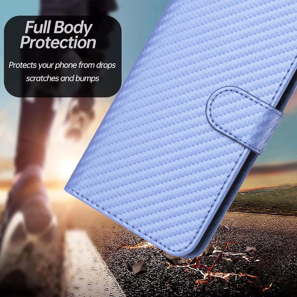 For iPhone 17 Wallet Case with Strap Carbon Fiber Texture Leather Mobile Cover