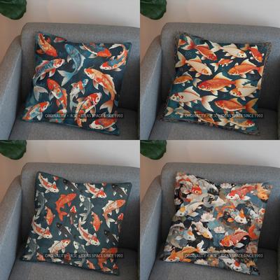 2D Colorful Koi Fish Pattern Decorative Pillow Cover Pattern Cushion Cover Suitable For Sofa Bedroom Car Pillow Cover