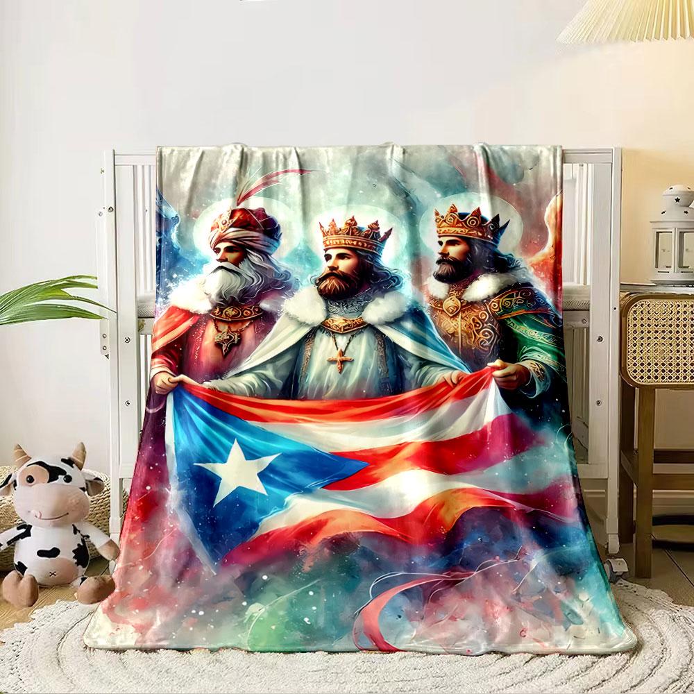 Three crowned figures holding the Puerto Rican flag amid vibrant colors. for all seasons blanket lunch break throw gift 80cm x 120cm