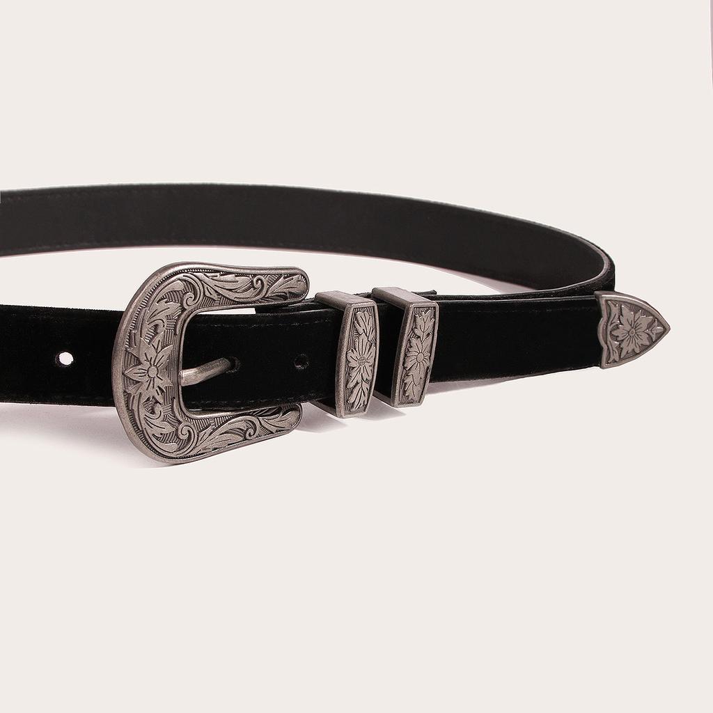 New Women's Western European and American Three-piece Black Deerskin Suede Belt Fashionable and Versatile Retro Carved Belt