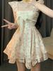 French Sweet Wind Small Flying Sleeves Floral Dress Women's Summer Small Bow Waist On the Run Princess Short Skirt