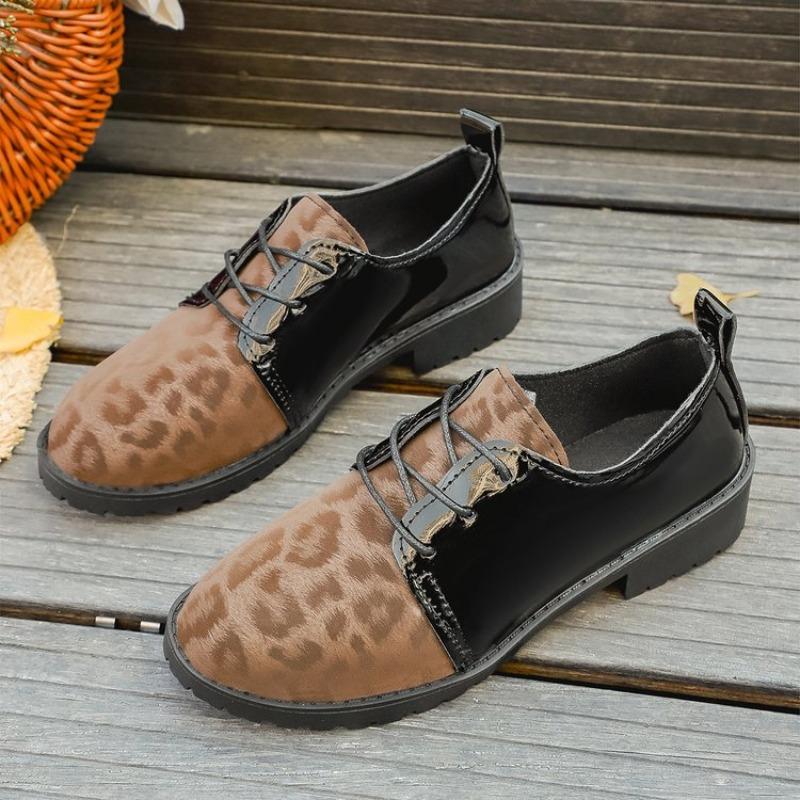 Leopard Print Loafers Versatile Casual Lace-up Heightened Foreign Style Lace-up Block Heel Plus Size New Single Shoes