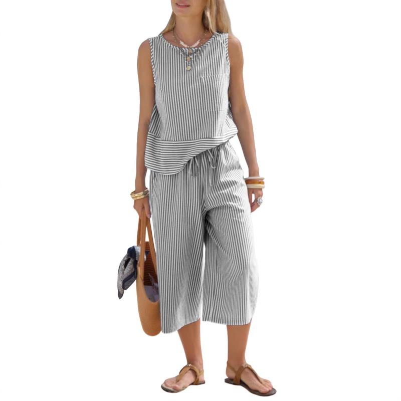 Kadın Çizgili Kolsuz Üst ve Büzgülü Culotte İki Parça Set