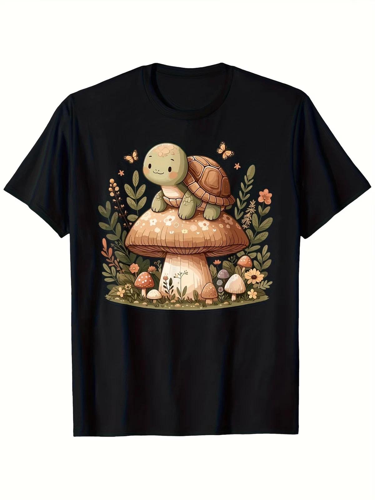 Cute Turtle & Mushroom Forest Print T shirt 3XL