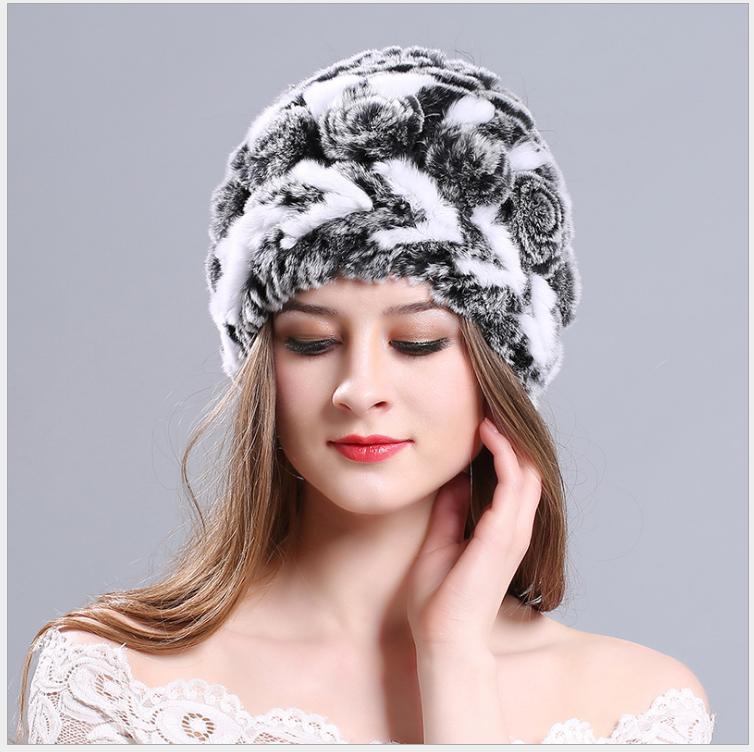 Russian Rex Rabbit Fur Hat Hand Made Knitted Beanies Soft Snow Hats