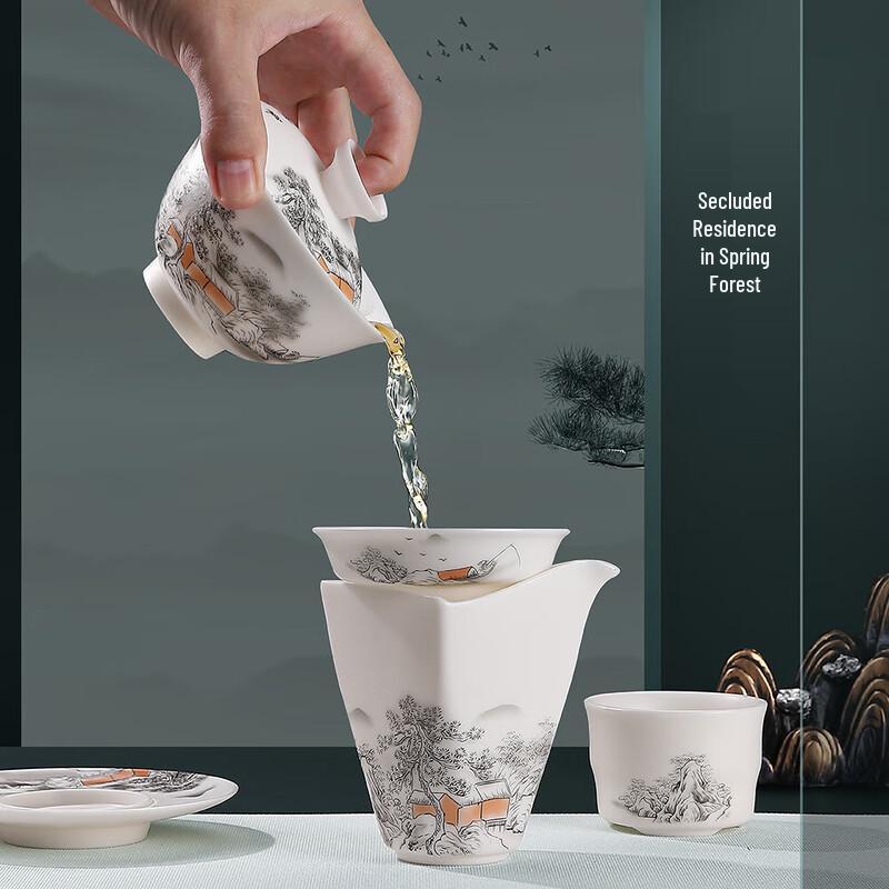 Tea Cycle Mutton Fat Jade Porcelain Ink Wash Tea Set