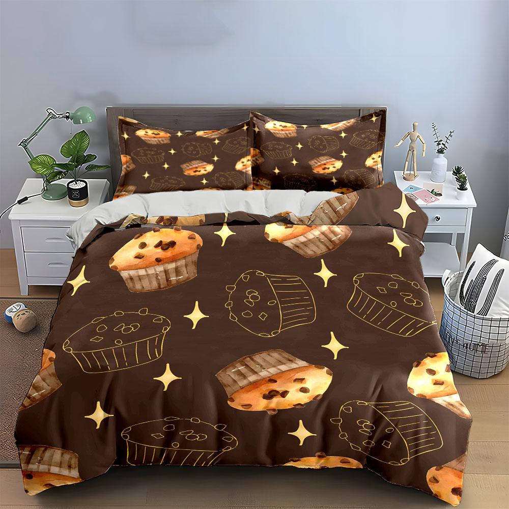 "Chocolate Muffin Themed Decor Set" Bedding Set with 1 Duvet Cover 2 Pillowcases Single Double King Queen, Gift