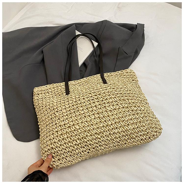 

2025 summer new trendy fashion shoulder big bag texture seaside vacation large capacity woven tote bag бежевый
