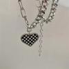 Korean version design sense black and white checkerboard love double chain titanium steel necklace sweet cool hip hop pendant women's jewelry