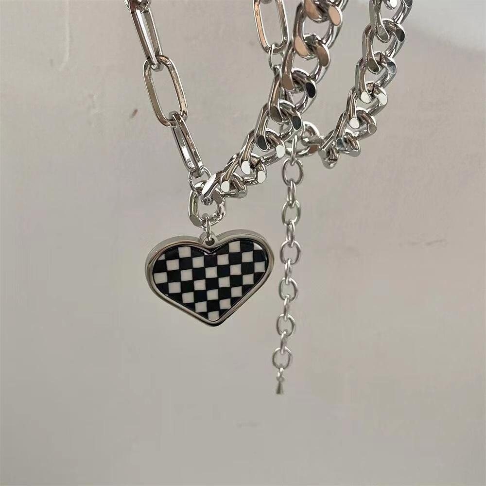 Korean version design sense black and white checkerboard love double chain titanium steel necklace sweet cool hip hop pendant women's jewelry