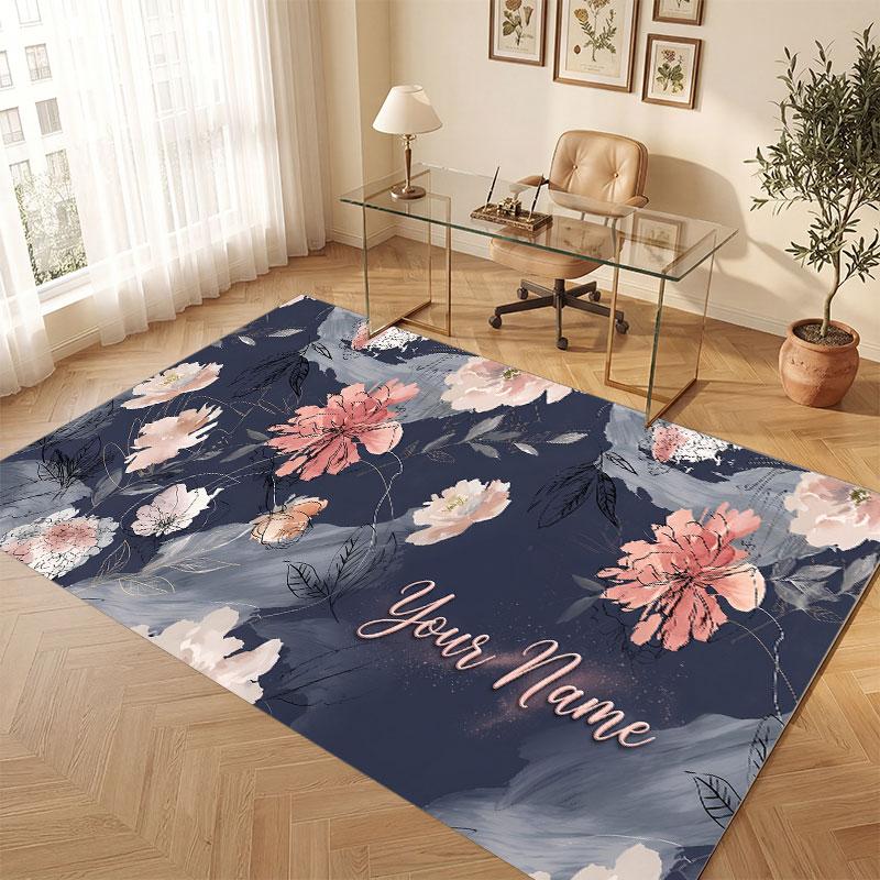 Floral Garden Theme Crystal Velvet Floor Rug Personalized Custom Name Text Warm Carpet Home Decoration