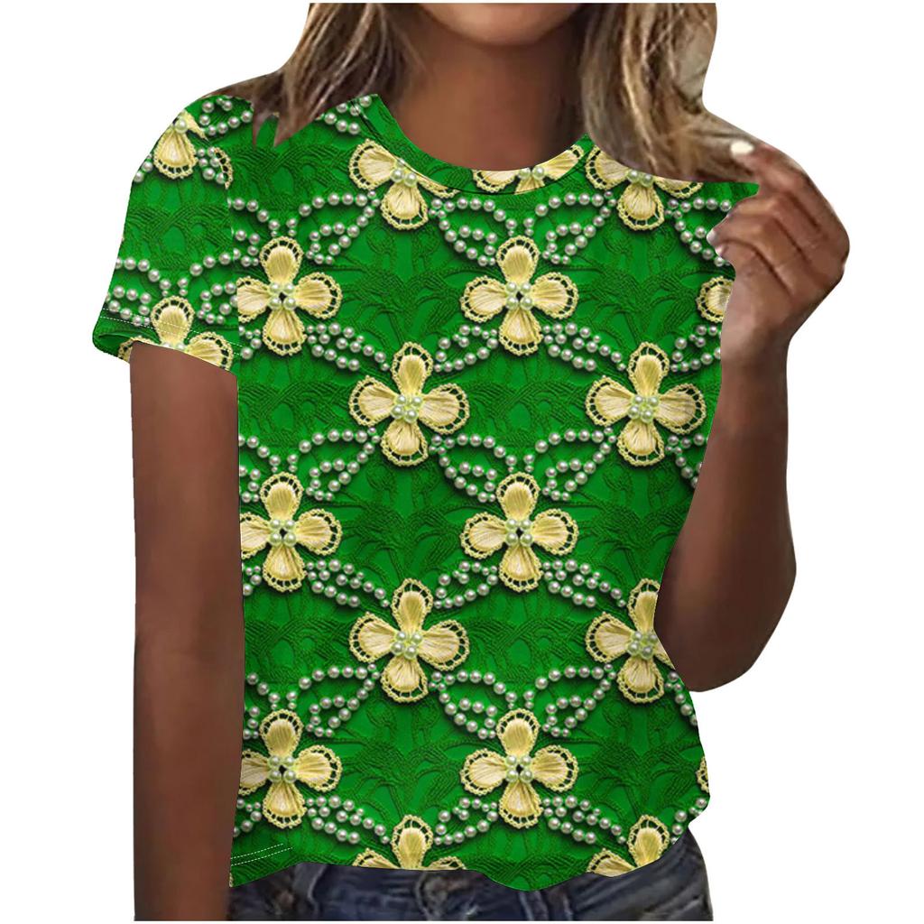 Cuello Redondo de Verano 3D St. Camisetas de Manga Corta Casuales de Moda para Mujer con Estampado Temático Verde del Día de San Patricio