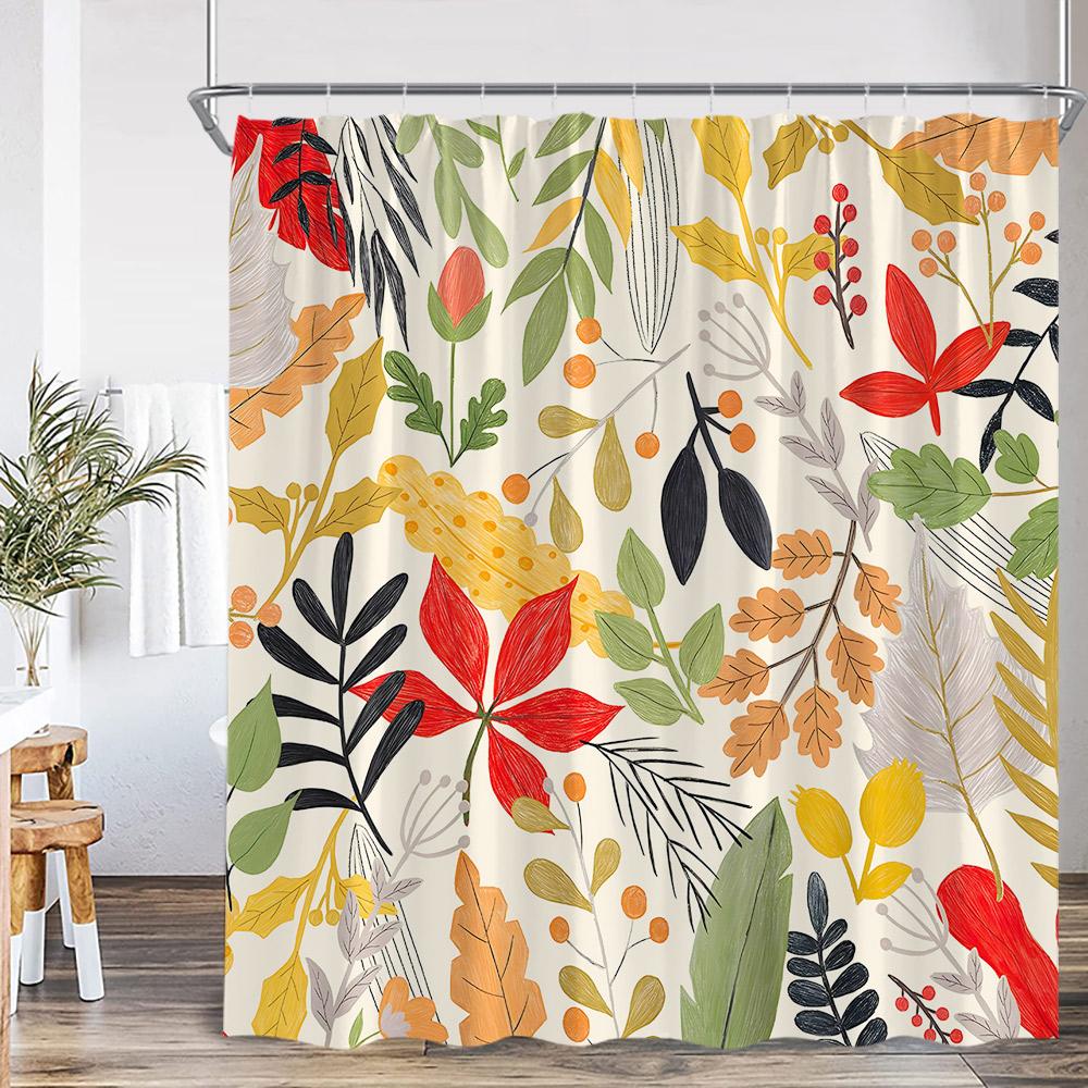 Boho Floral Shower Curtain Vinatge Colorful Flower Green Leaves Plant Spring Summer Bathroom Decor Retro Bath Curtain with Hooks