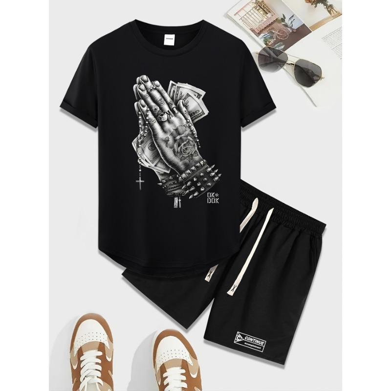 Two piece men s casual crew neck short sleeve and belted waist shorts summer set S
