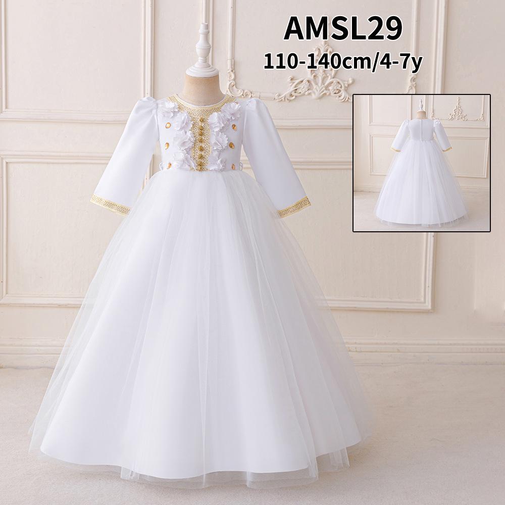 Παιδικό Βραδινό Πριγκιπικό Φόρεμα - Μακρυμάνικο, Στρογγυλή Λαιμόκοψη, Πλισέ Σχέδιο με Απλικέ Διχτυωτό