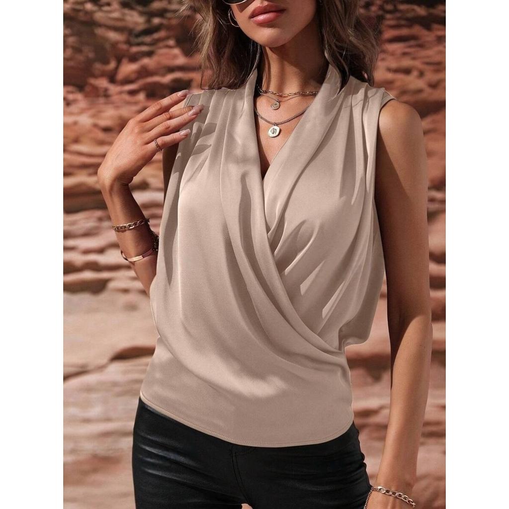 Women's Spring and Summer Sleeveless Satin Shirt Pleated Vest New Sexy Shirt