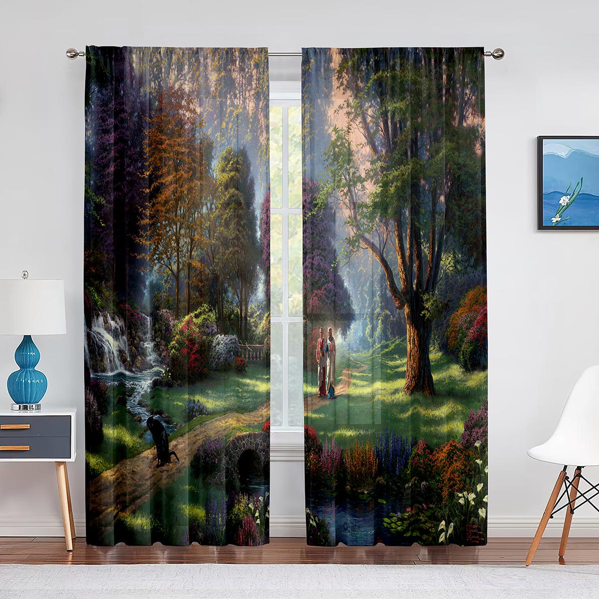 

Фэнтезийный пейзаж, шифоновые прозрачные шторы, дом у горы и реки, вуаль, тюлевая занавеска для гостиной, украшение дома 1 PCS W100XH250cm&Grommet Top