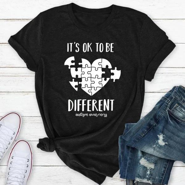 To Be Different Letter Puzzle Heart Print T Shirt Women Short Sleeve O Neck Loose Tshirt Summer Women Tee Shirt Tops Mujer